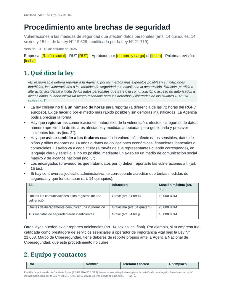 Primera página del procedimiento ante brechas de seguridad