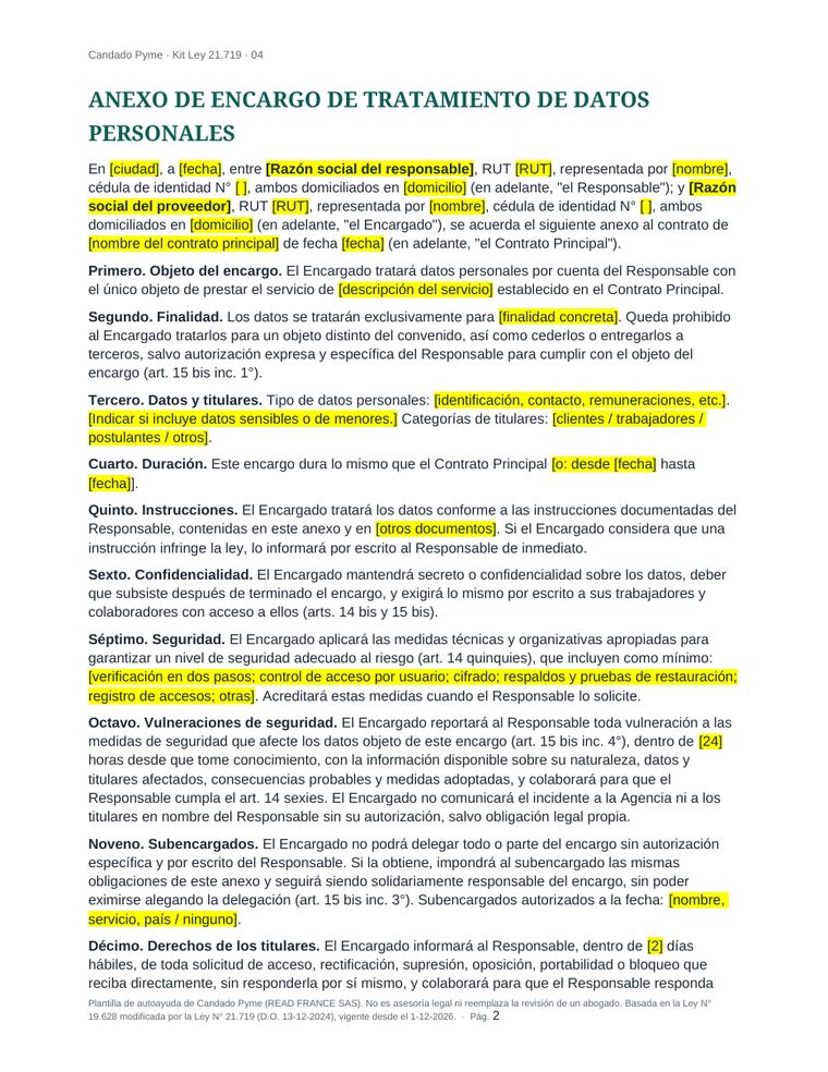 Primera página del anexo de encargo de tratamiento con cláusulas del art. 15 bis