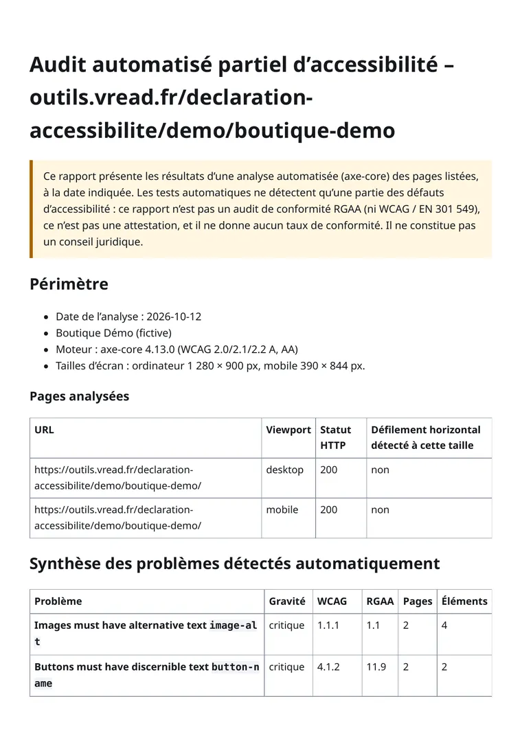 Première page d’un rapport d’exemple : synthèse des problèmes détectés, classés par gravité