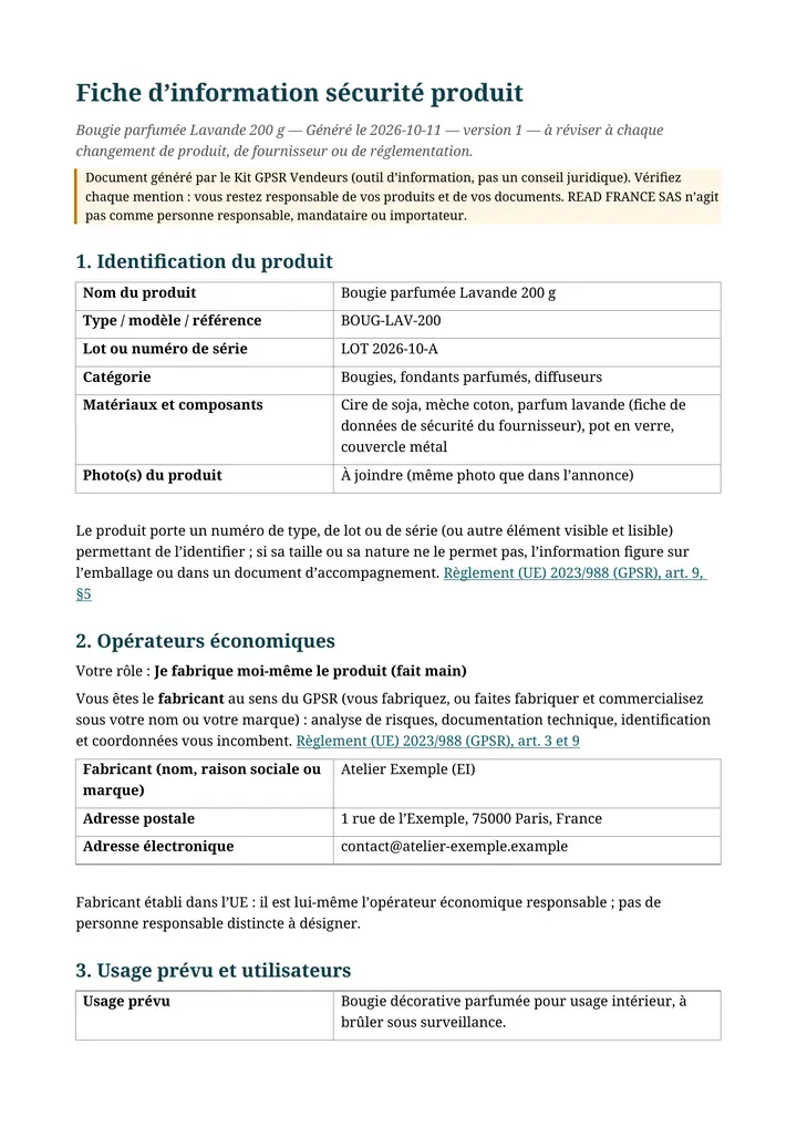Fiche d’information sécurité générée par l’outil gratuit (exemple : bougie)