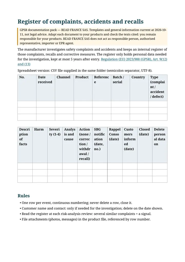 Complaints register, page 1 (from the pack)
