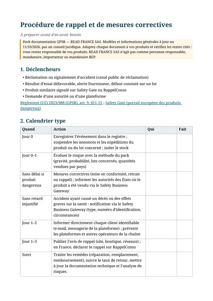 Aperçu : Procédure de rappel