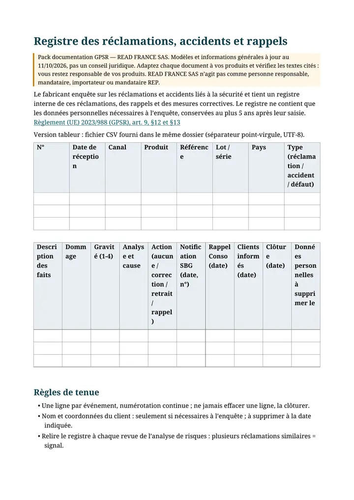 Aperçu : Registre des réclamations