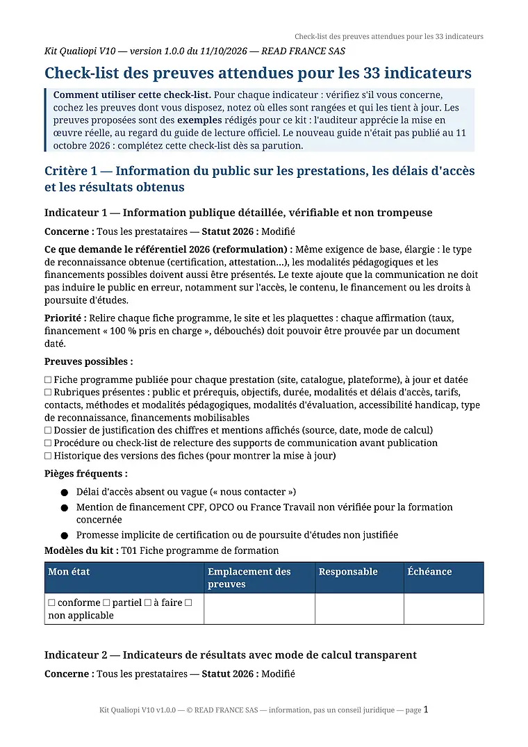 Première page de la check-list des preuves attendues pour les 33 indicateurs : indicateur 1, preuves possibles à cocher, pièges fréquents et grille de suivi.