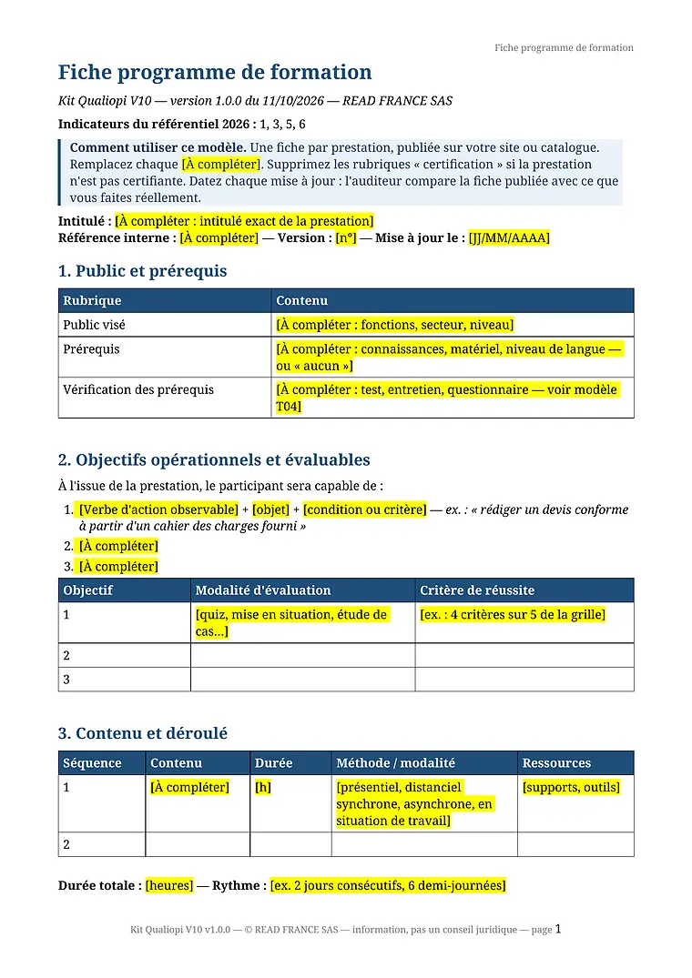 Première page du modèle T01 fiche programme de formation : public et prérequis, objectifs évaluables, contenu et déroulé, avec des zones à compléter surlignées en jaune.