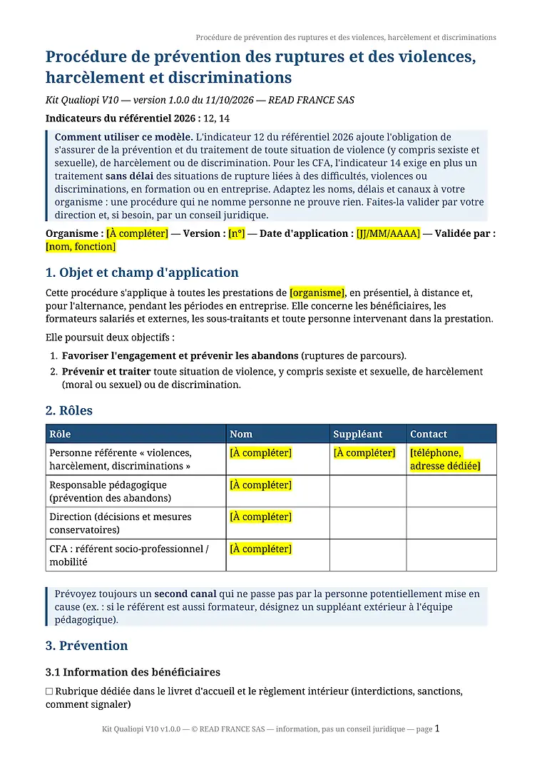 Première page du modèle T07 procédure de prévention des ruptures et des violences, harcèlement et discriminations : objet, rôles et prévention.