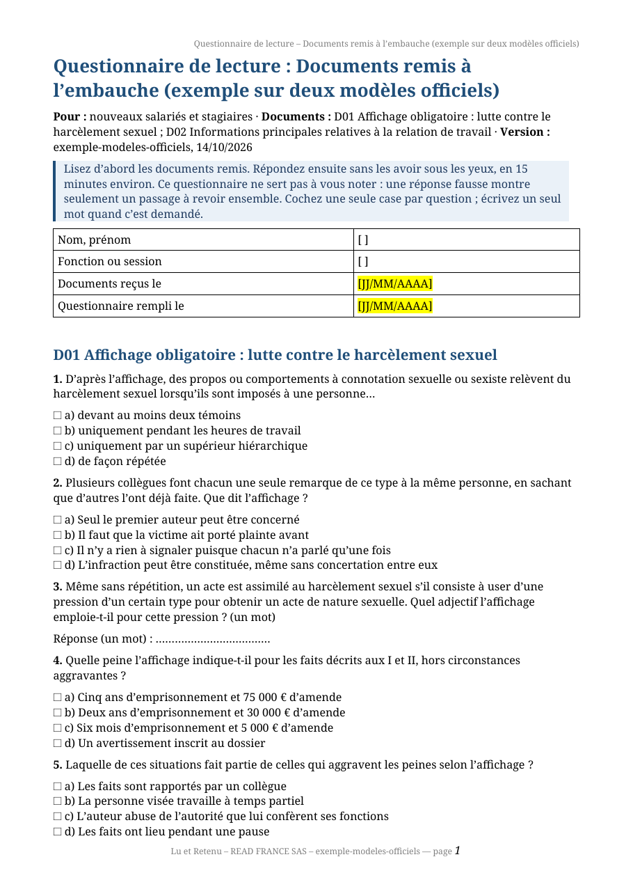 Page 1 du questionnaire de l’exemple : en-tête à remplir, puis les premières questions sur l’affichage obligatoire relatif au harcèlement sexuel